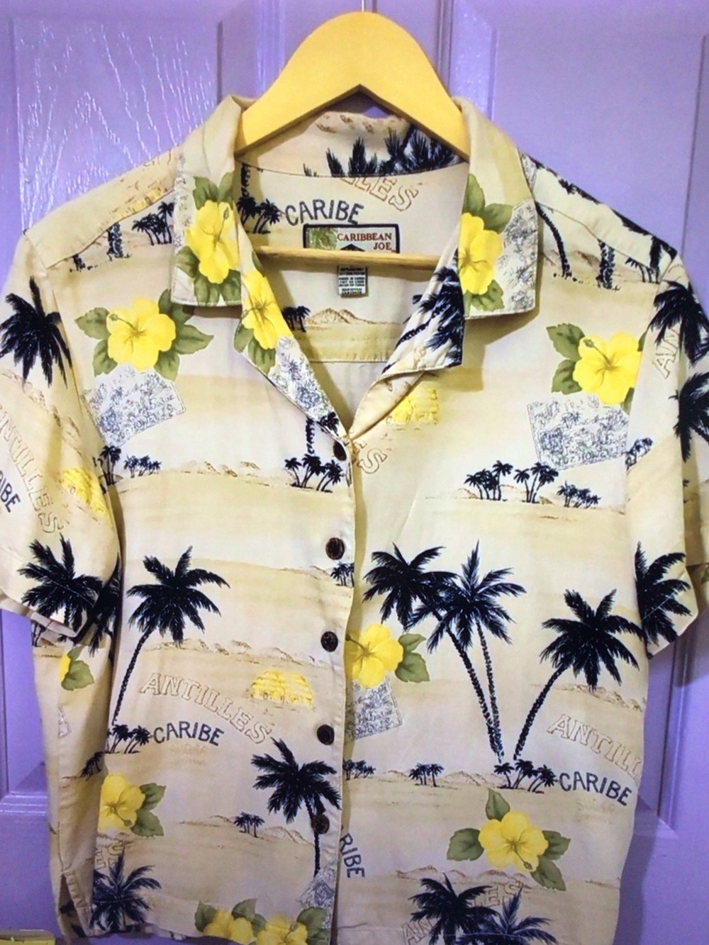 Caribbean Joe Yellow Tropical Palm Hawaiian Button-Up Shirt